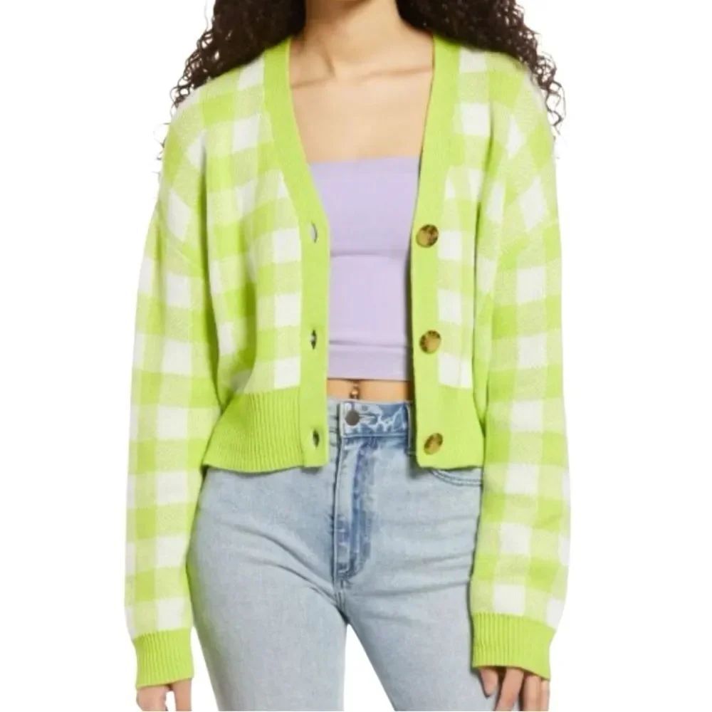 BP Checkerboard Plaid Crop Cardigan Lime Green Size Medium
